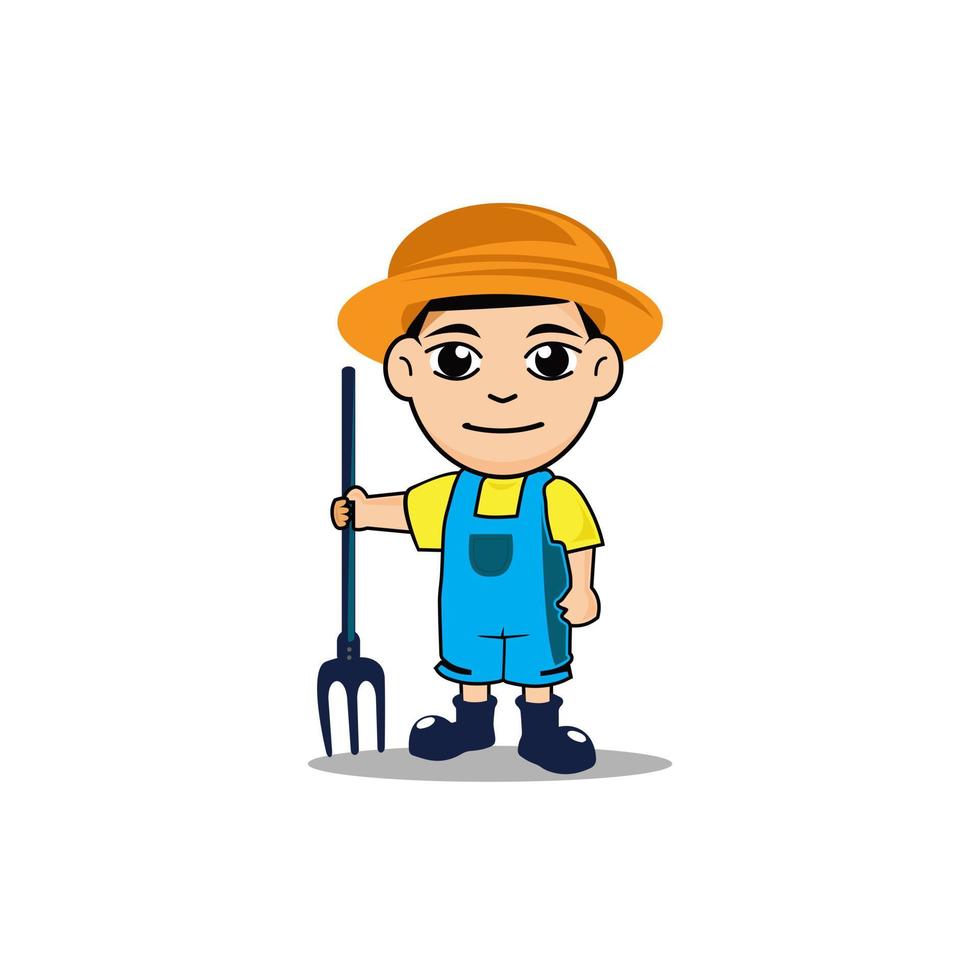 enfant agriculteur dessin animé vecteur illustration, des gamins avec paille chapeau et fourchette mascotte logo conception