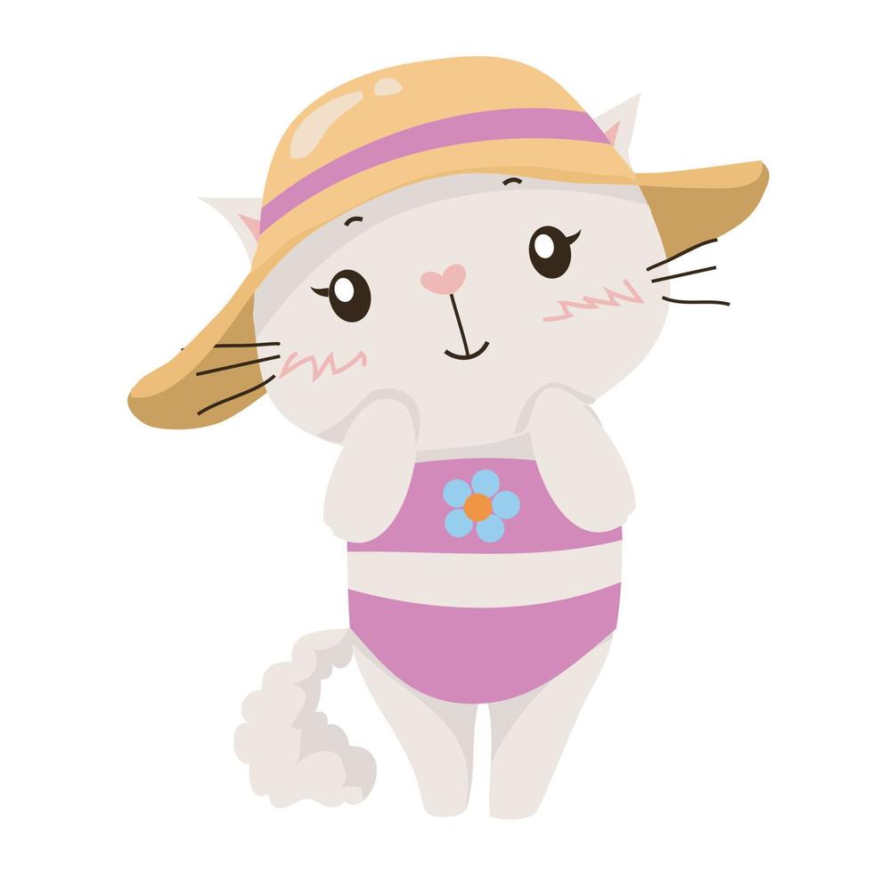 mignonne blanc chat portant bikini et plage chapeau sur blanc Contexte pour des gamins mode oeuvres d'art, les enfants livres, anniversaire faire-part, salutation cartes, affiches vecteur