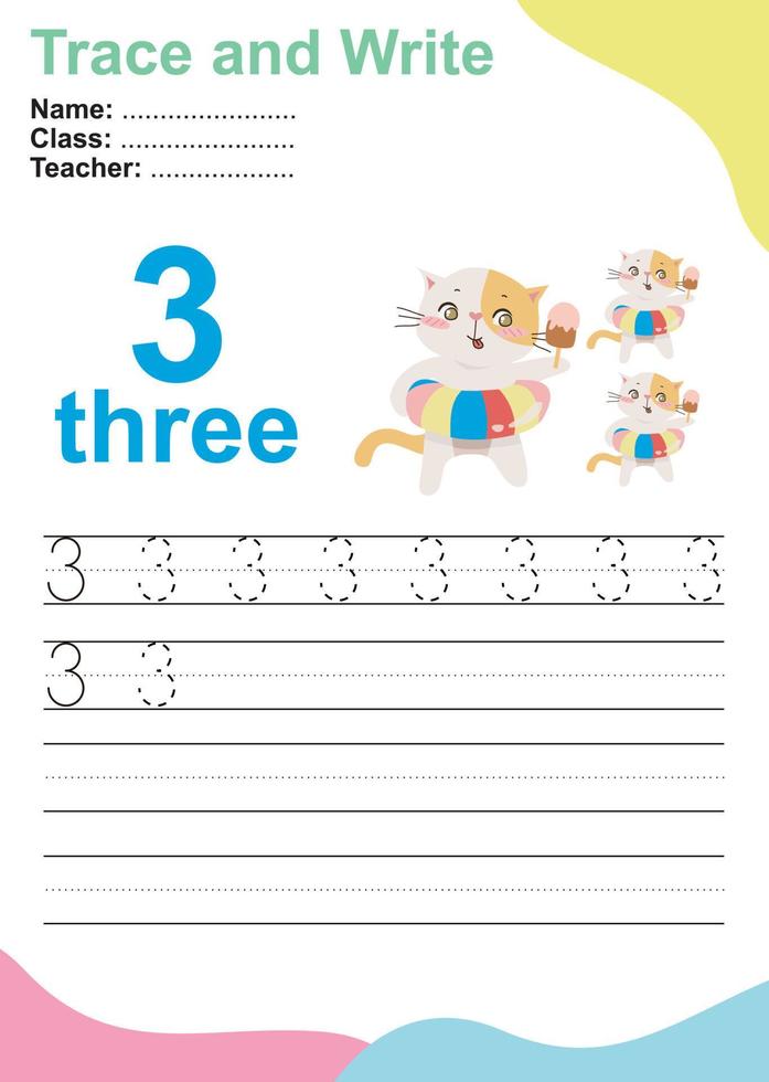 tracer et écrire le numéro pour les enfants. exercice pour que les enfants reconnaissent le nombre. feuille de travail pédagogique pour le préscolaire. fichier vectoriel. vecteur