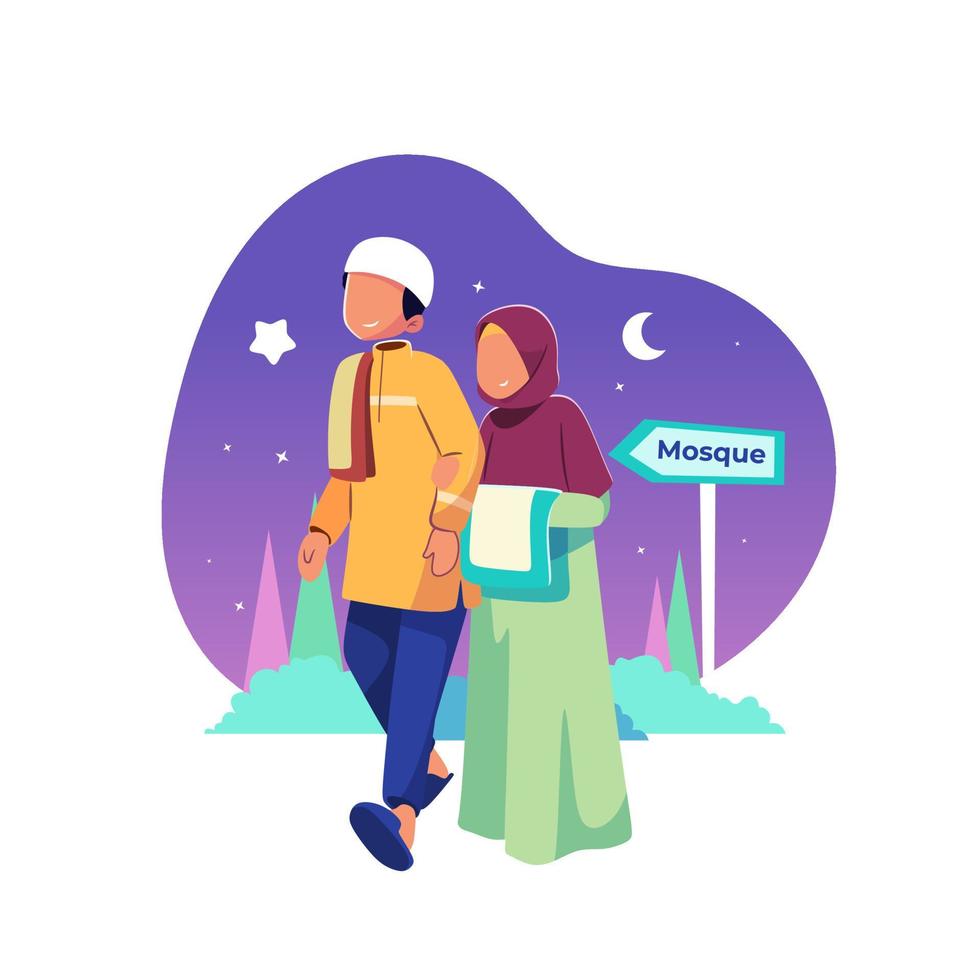 une homme et femme marcher dans de face de une signe cette dit 'mosquée ' vecteur