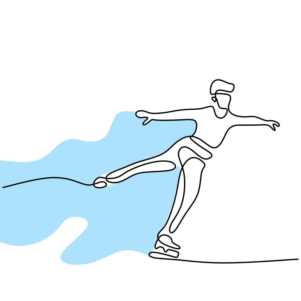 dessin au trait continu de l'homme de patinage. homme énergique jouant au patineur sur glace en dansant dans la zone de glace isolée sur fond blanc. concept d'activités de plein air d'hiver design de minimalisme dessiné à la main vecteur