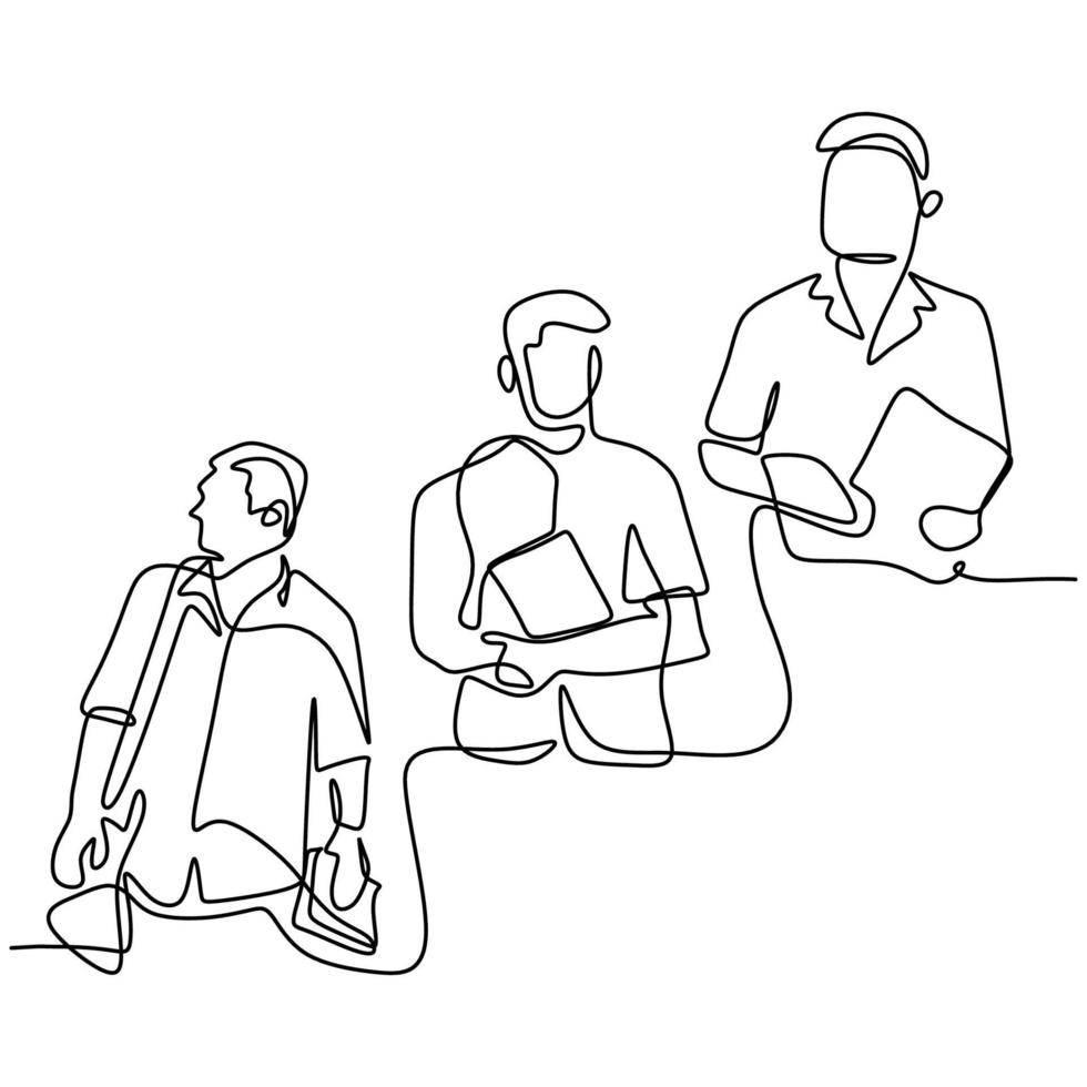 un dessin au trait continu de trois jeunes hommes à l'université. heureux beaux mecs est debout pose tout en tenant un livre dans la zone du campus isolé sur fond blanc. design minimaliste vecteur