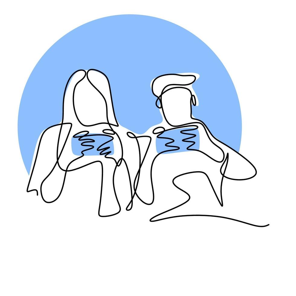 dessin au trait continu de deux jeunes joueurs jouant à une console de jeux. heureux homme et femme assis sur un canapé se disputer à jouer à des jeux pendant leur temps libre. concept de joueur addict. illustration vectorielle vecteur