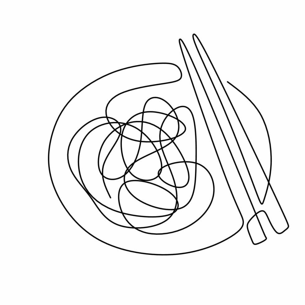 dessin au trait continu unique de délicieux spaghettis avec des baguettes. Italie pâtes nouilles restaurant concept main dessiner ligne art design illustration vectorielle pour café, boutique ou service de livraison de nourriture vecteur