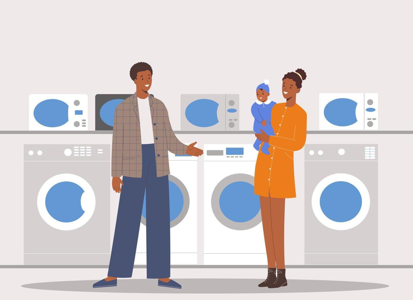 Jeune africain américain famille volonté choisir la lessive machine dans une achats centre de Ménage appareils électroménagers supermarché vecteur