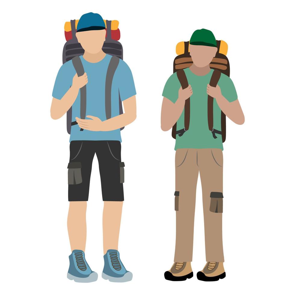 deux Hommes touristes avec une grand sacs à dos. actif mode de vie vecteur dessin animé