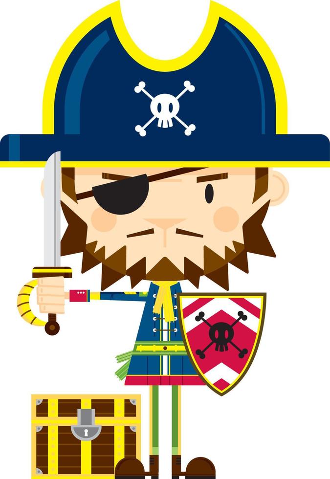 mignonne dessin animé cape et d'épée pirate capitaine avec Trésor poitrine vecteur