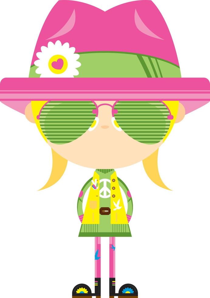 dessin animé années soixante hippie fille personnage dans chapeau et des lunettes de soleil vecteur