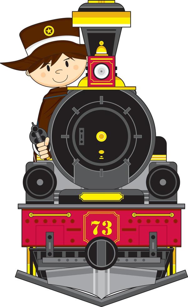 mignonne dessin animé sauvage Ouest cow-boy shérif avec vapeur train vecteur