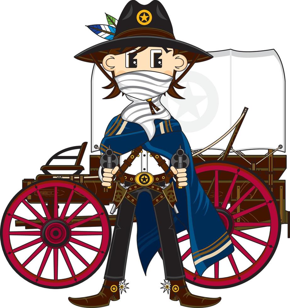 mignonne dessin animé sauvage Ouest cow-boy shérif avec mandrin wagon vecteur