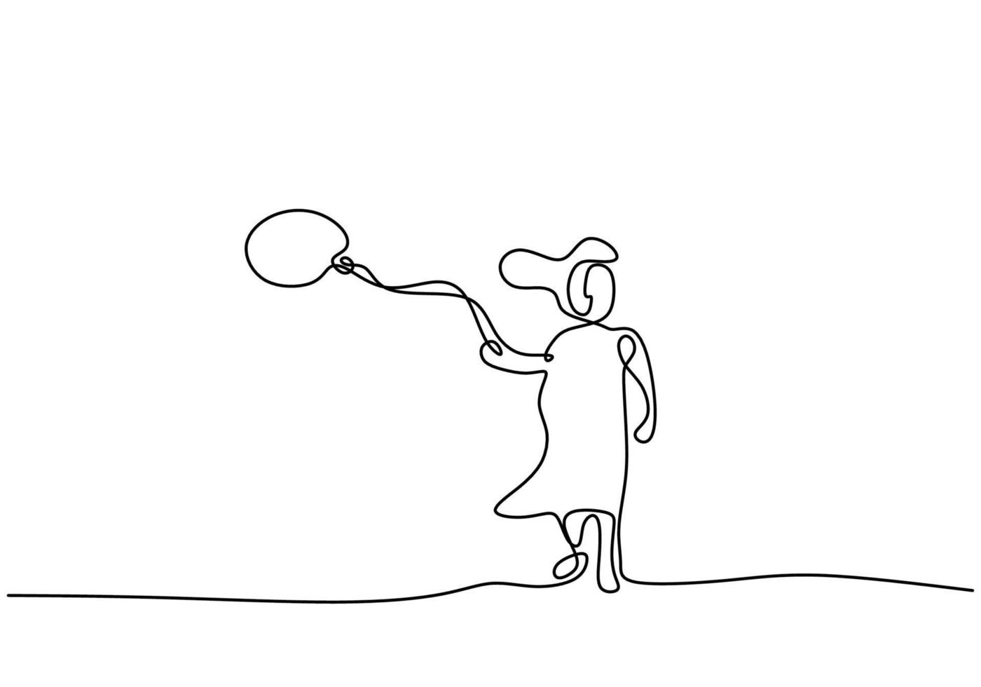 un dessin au trait continu de petites filles jouant des ballons. jolie fille enfant tient un ballon dans le vent isolé sur fond blanc. concept de l'enfance. illustration vectorielle vecteur