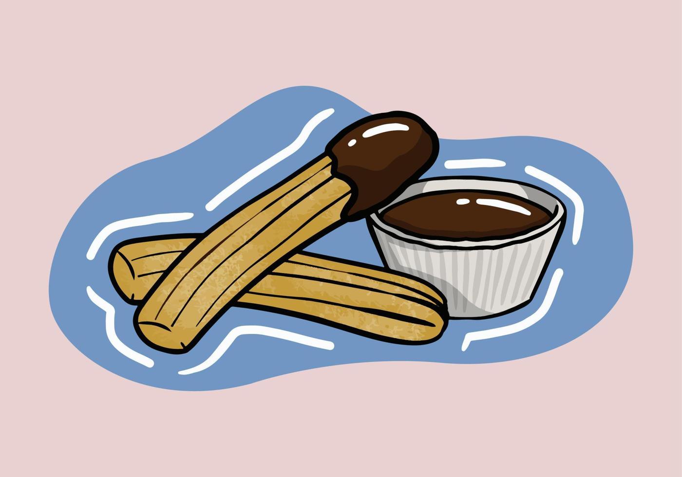 main tiré Churros. illustration de traditionnel Espagnol sucré dessert et Chocolat tremper isolé sur une Contexte. vecteur