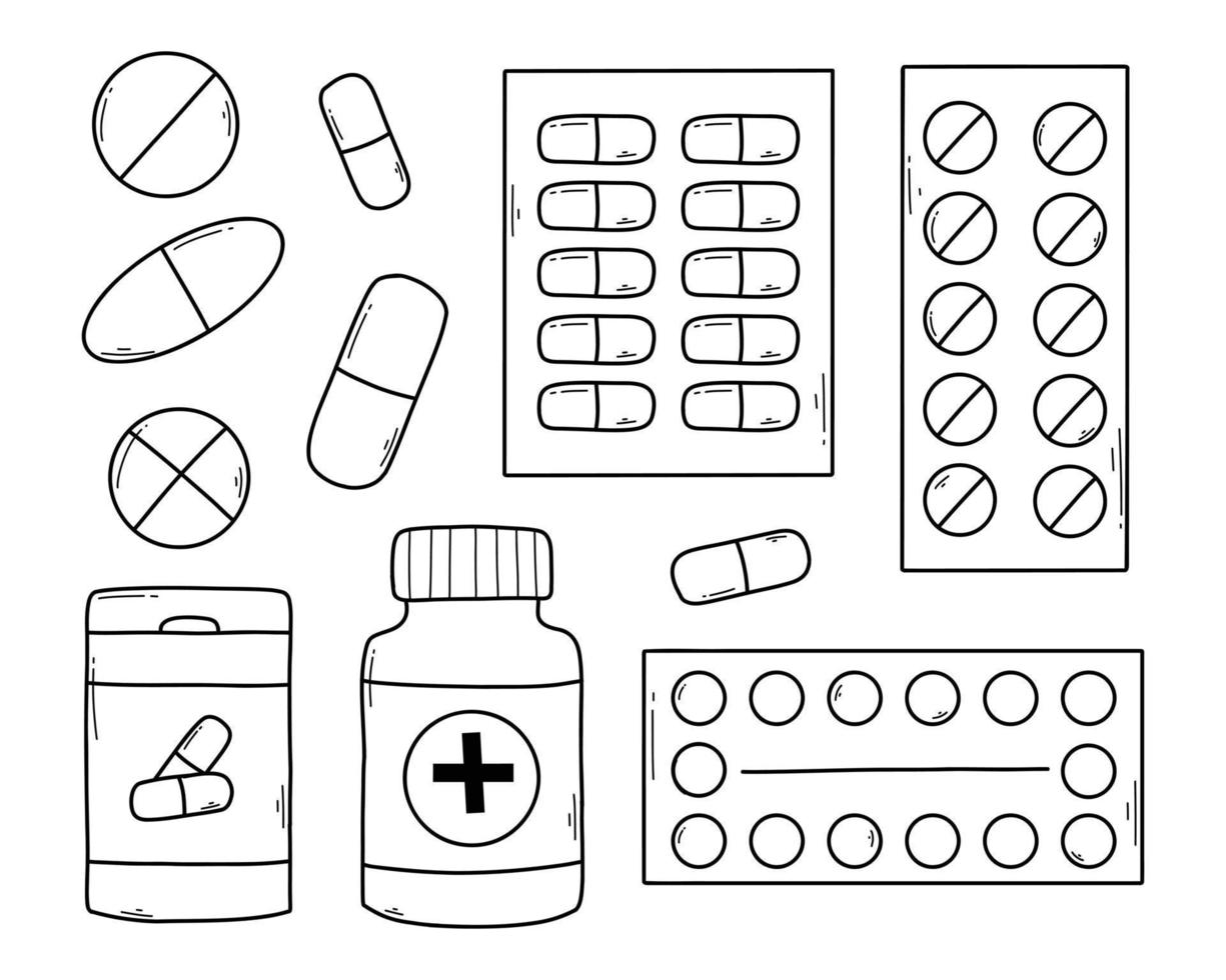 une ensemble de comprimés, vitamines et gélules. médicament Icônes collection. vecteur illustration . griffonnage style. linéaire médicaments.