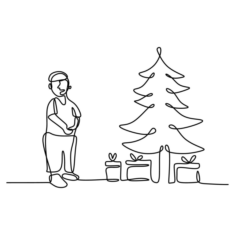 garçon debout avec arbre de Noël et coffret cadeau continu un dessin de ling. heureux petits enfants dans la célébration de Noël isolé sur fond blanc. joyeux noël et bonne année concept vecteur