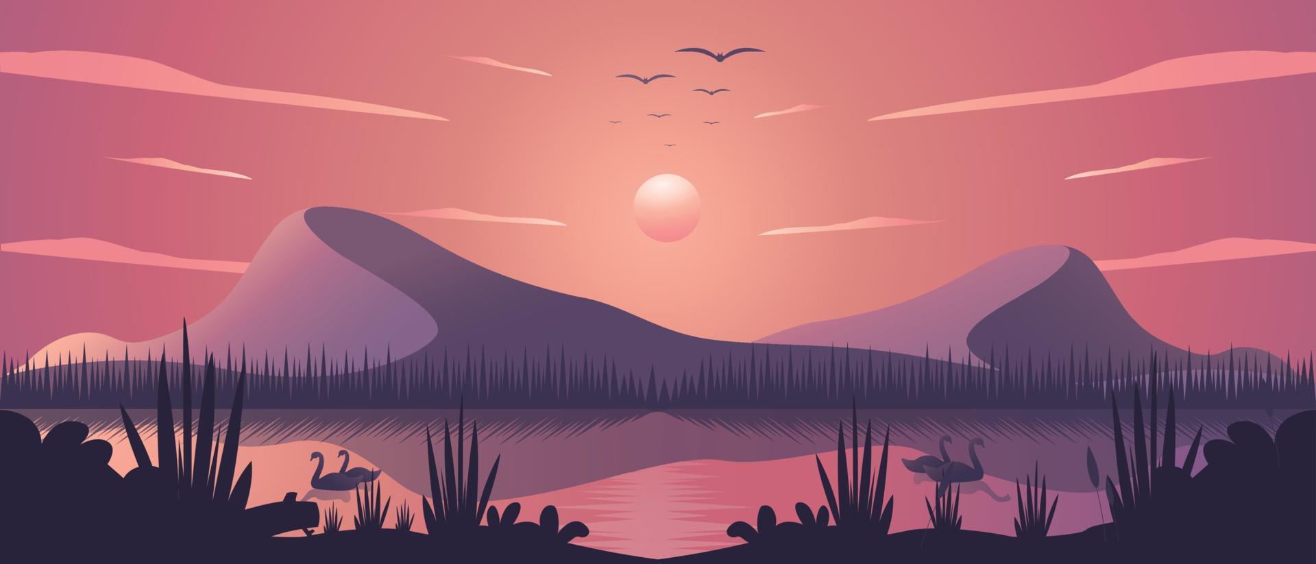 vecteur illustration de le coucher du soleil montagnes et Lac paysage Contexte - Naturel Contexte de cygnes, forêt, mer et montagnes. utilisation comme Contexte ou fond d'écran