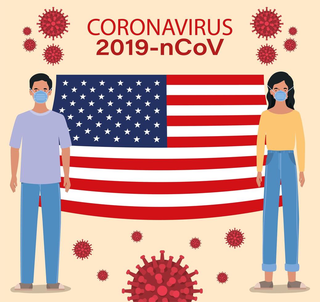 bannière de coronavirus avec homme et femme avec conception de vecteur de drapeau usa