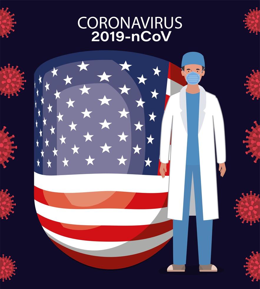 bannière de coronavirus avec médecin avec conception de vecteur de drapeau usa