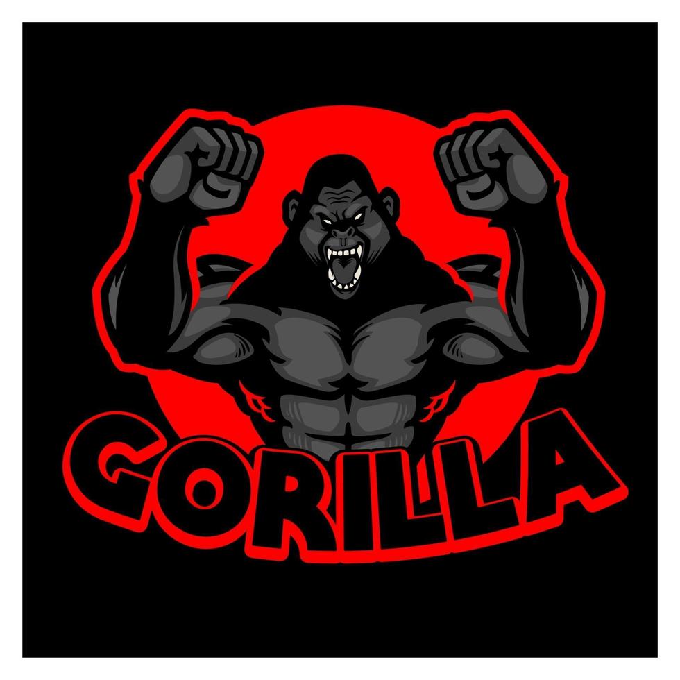 logo gorille couleur noir et rouge. personnage de dessin animé de logo mascotte gorille en colère féroce. le gorille est debout, tenant deux mains et donnant une expression sauvage. logo de conception de vecteur