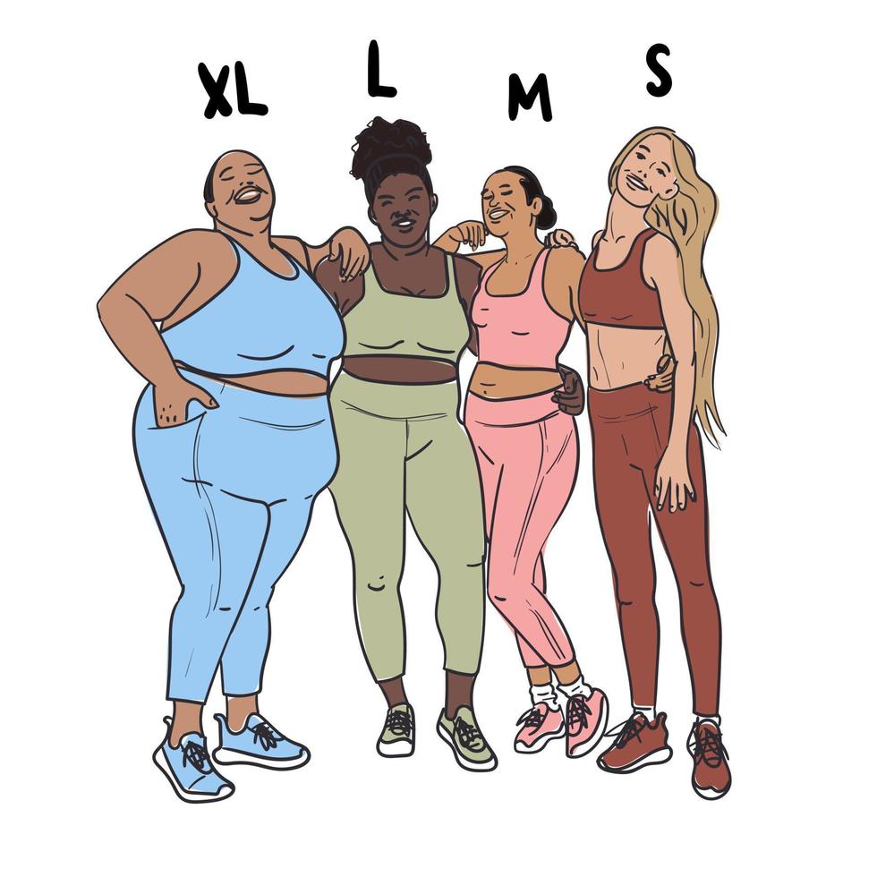 quatre femmes dans survêtements, différent formes, peau tons et cheveux couleur. le concept de corps positivité et diversité. différent filles, différent corps, différent tailles. La publicité de une Gym vecteur