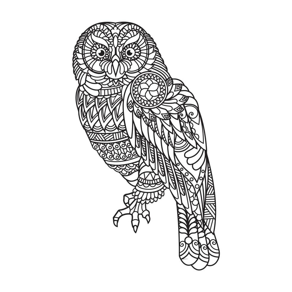 hibou coloration livre pour adultes vecteur illustration. anti stress coloration pour adultes. tatouage pochoir. noir et blanc lignes