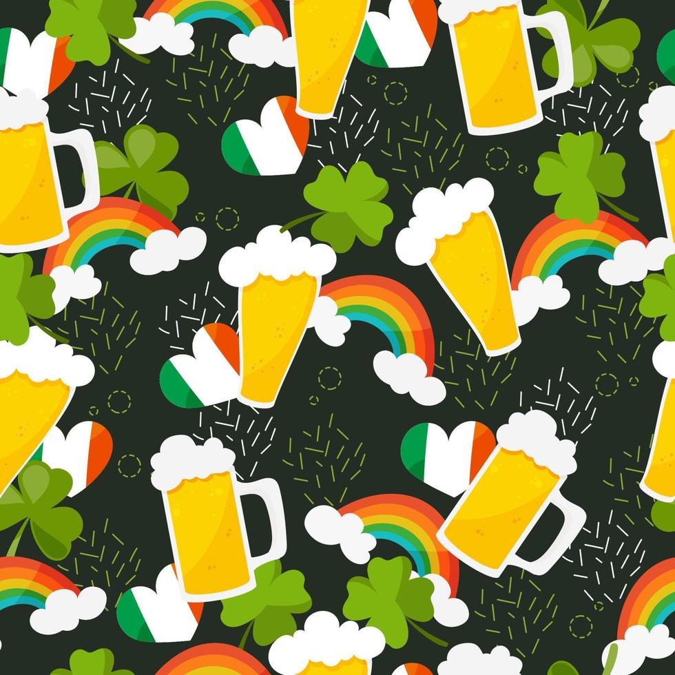 coloré sans couture modèle pour st patrick vacances avec bière, arc-en-ciel, trèfle et Irlande drapeau éléments. vecteur illustration sur une noir Contexte.