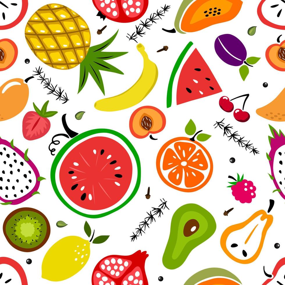 sans couture modèle avec été Frais des fruits - cerise, poire, pastèque, banane, pêche, kiwi, fraise, citron, mangue . plat vecteur illustration pour textile imprimer, emballage papier