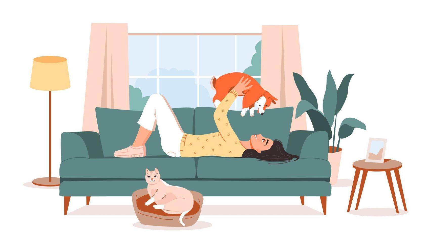 animal de compagnie propriétaire. le fille est mensonge sur le canapé avec sa animaux domestiques. une chat et une chien sont repos sur le canapé avec leur propriétaire. plat vecteur illustration.