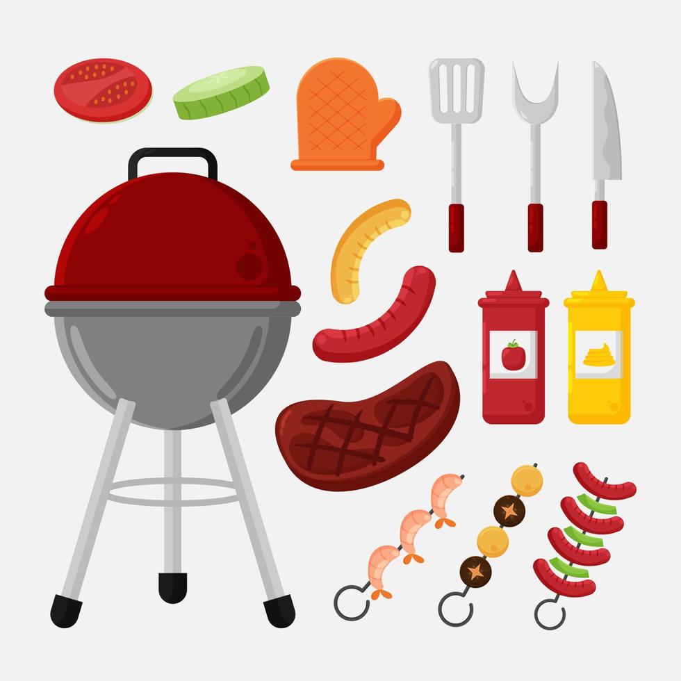 dessin animé barbecue équipement pour pique-nique. été gril fête éléments,  cuisine outils et ustensiles. grillé Viande steaks 23835897 Art vectoriel  chez Vecteezy