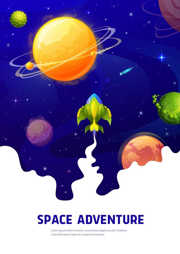 espace aventure affiche, dessin animé vaisseau dans galaxie vecteur