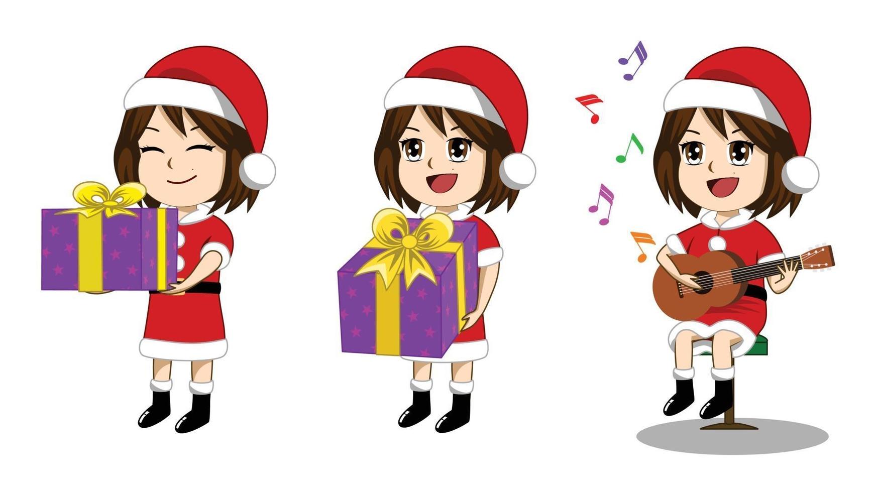 ensemble d'images vectorielles de filles portant le costume de père noël donnant des cadeaux vecteur