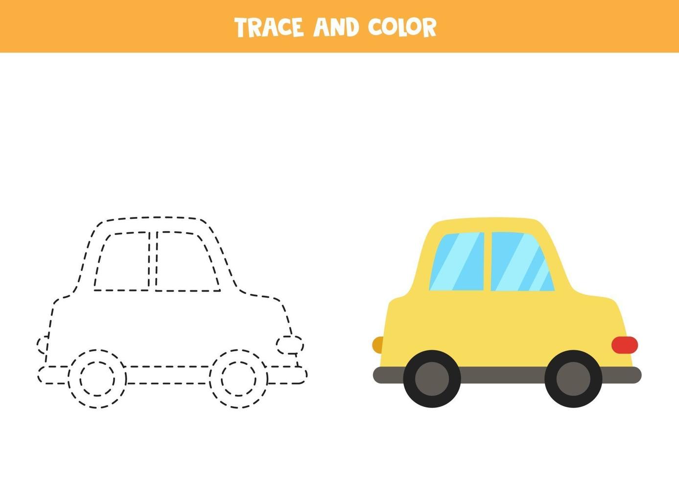 voiture de dessin animé de trace et de couleur. feuille de calcul de l'espace pour les enfants. vecteur