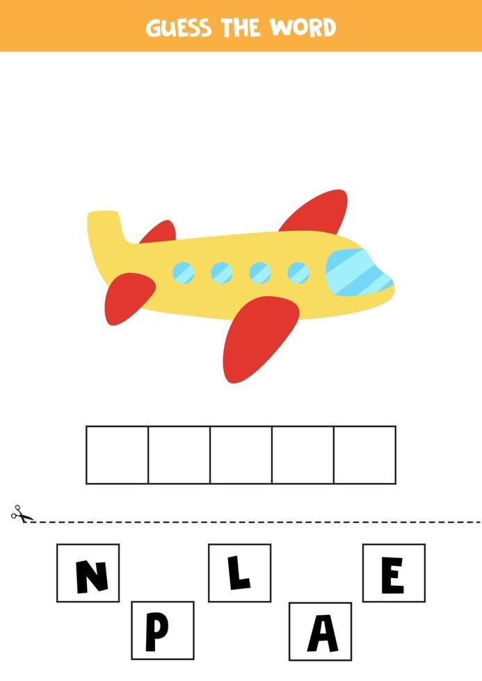 jeu d'orthographe pour les enfants. avion de dessin animé. vecteur