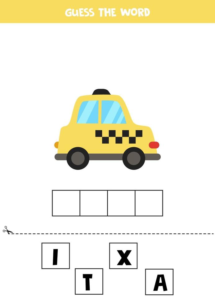 jeu d'orthographe pour les enfants. taxi de la ville de dessin animé. vecteur