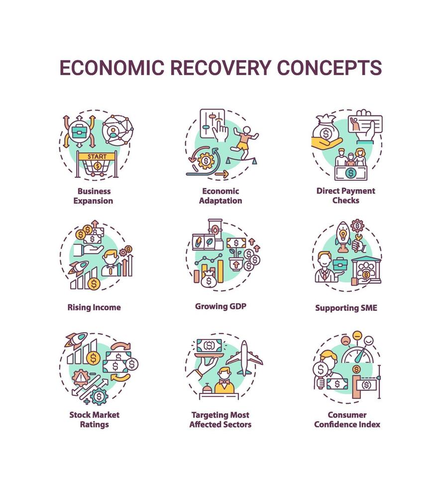 jeu d & # 39; icônes de concept de reprise économique vecteur