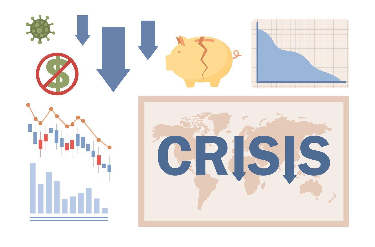 global économique crise. global économique impacts corona virus, covid-19 pandémie, guerre. s'est effondré monde marché, panique, sans emploi. international financier crise. vecteur plat illustration