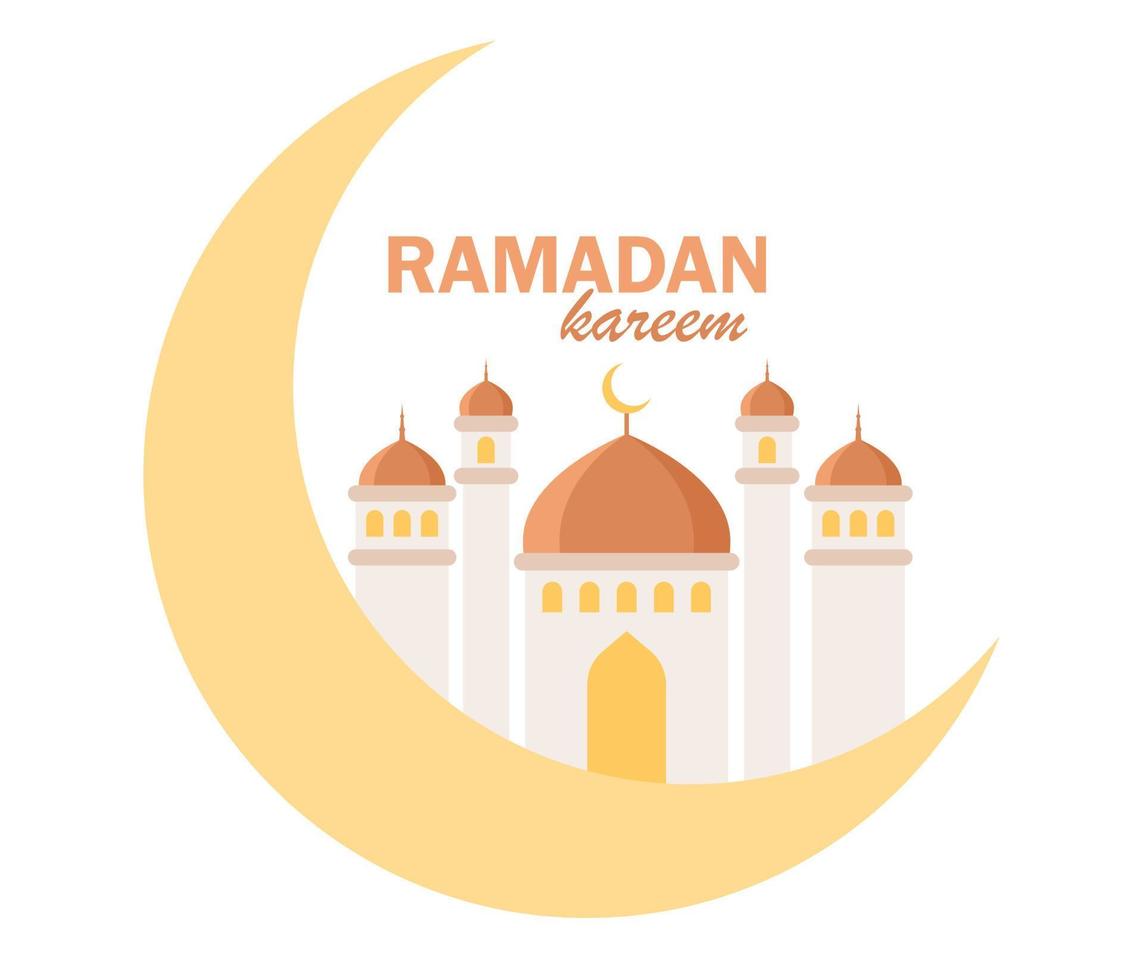 Ramadan kareem vacances. salutation eid moubarak. célébrer ramadhan saint mois dans Islam. croissant avec mosquée. vecteur plat illustration