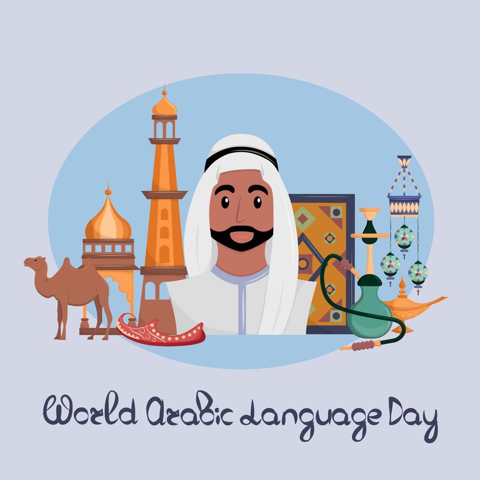 international arabe Langue journée décembre 18 apprentissage arabe les attributs de islamique culture. vecteur illustration dans plat style sur bleu Contexte.