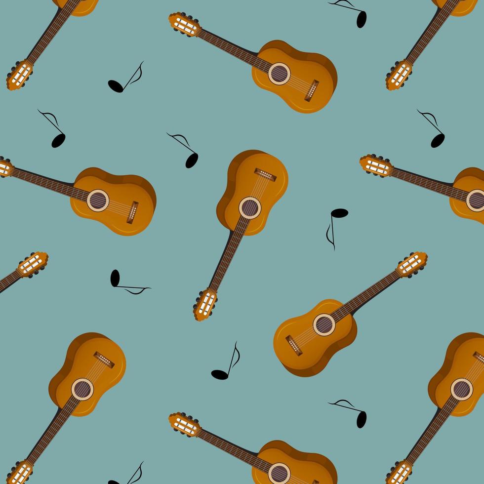 modèle avec guitare et Remarques sur une bleu Contexte. vecteur illustration