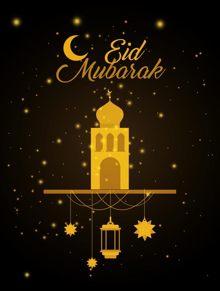 eid mubarak temple d & # 39; or avec lanterne de suspension de lune et conception de vecteur d & # 39; étoiles