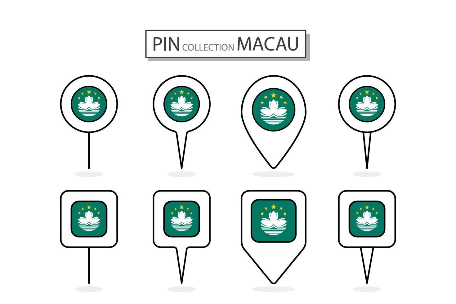 ensemble de plat épingle macao drapeau icône dans diverse formes plat épingle icône illustration conception. vecteur