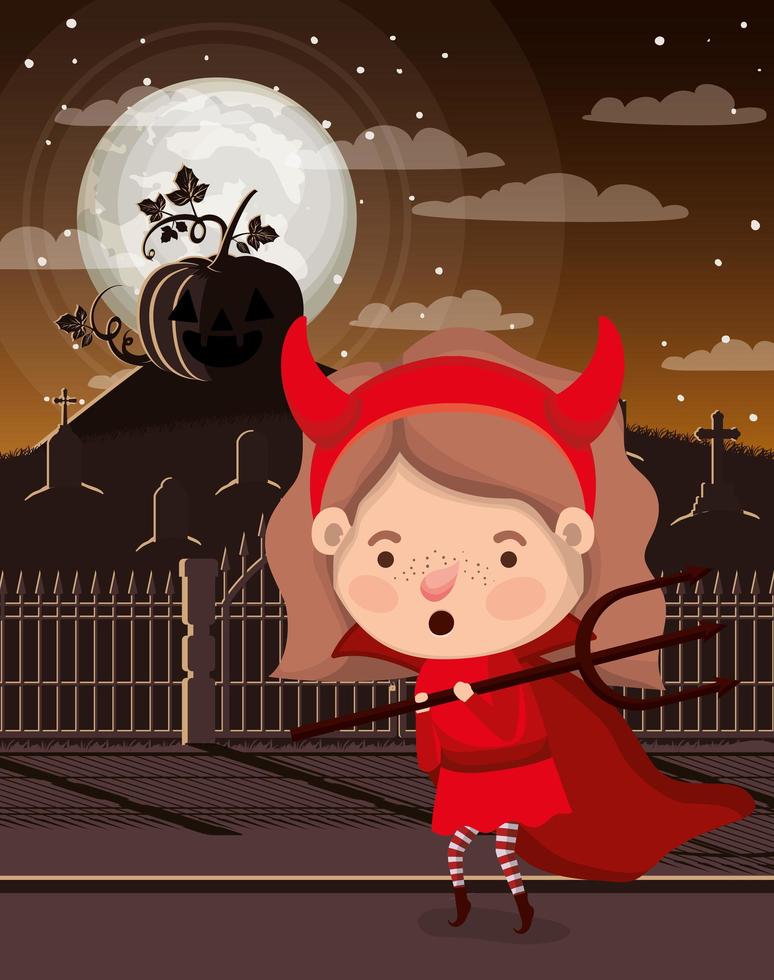 scène de la saison halloween avec une fille dans un costume de diable vecteur