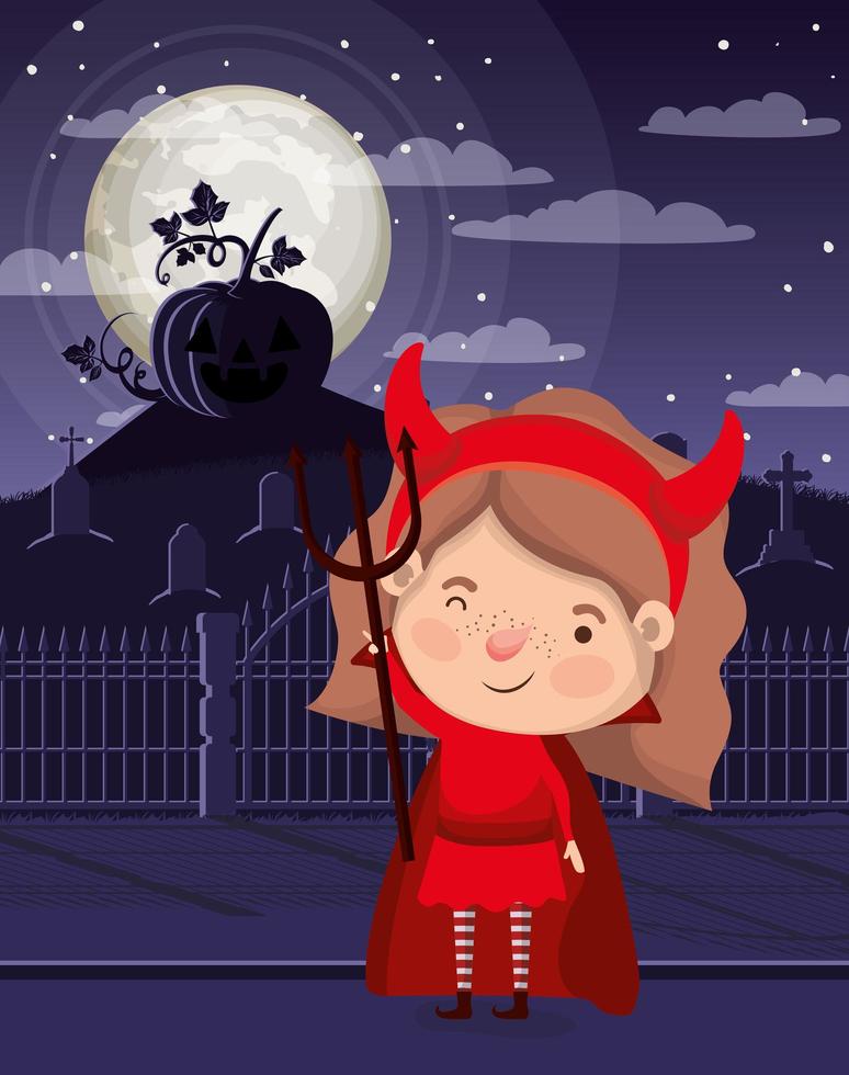 scène de la saison halloween avec une fille dans un costume de diable vecteur