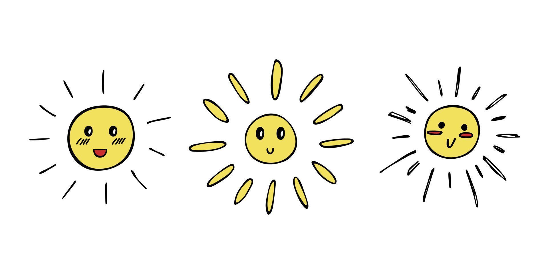 emoji soleil heureux dessiné à la main. jeu de doodle d'été. éléments vectoriels pour la conception vecteur