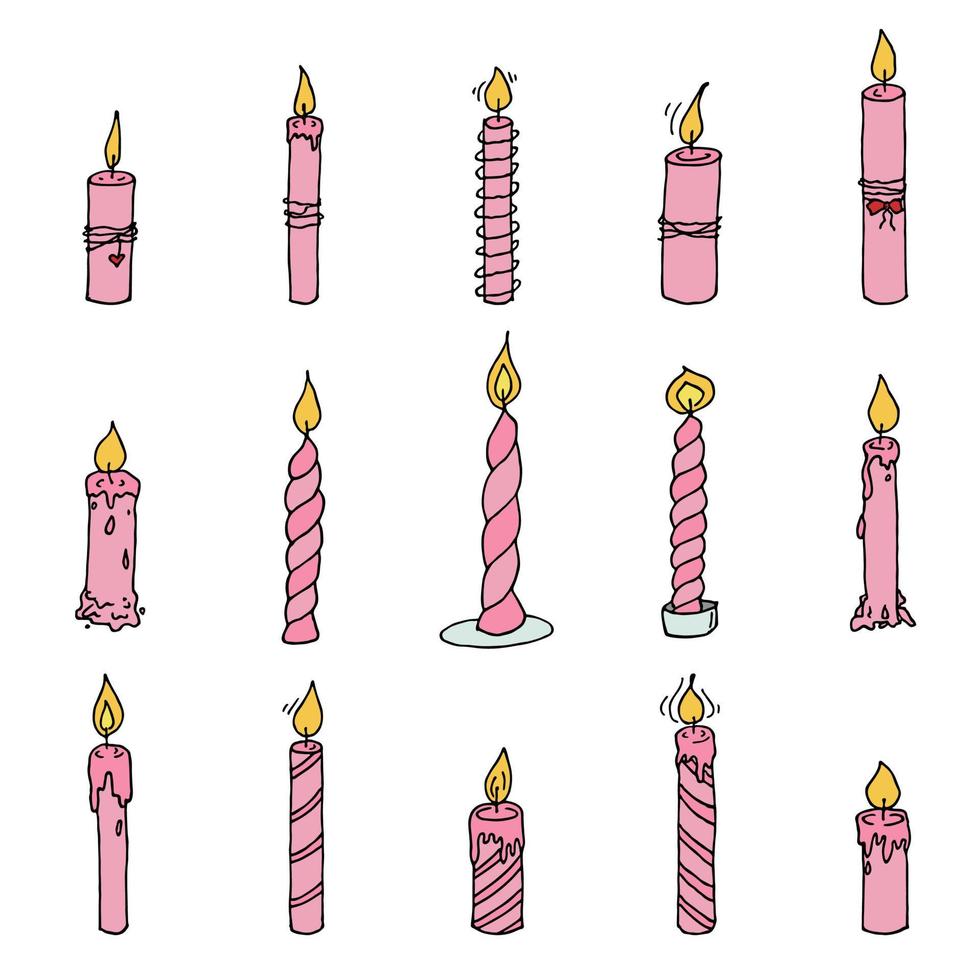 ensemble de bougies d'anniversaire brûlantes. illustration de doodle unique. clipart dessiné à la main pour carte, logo, design vecteur