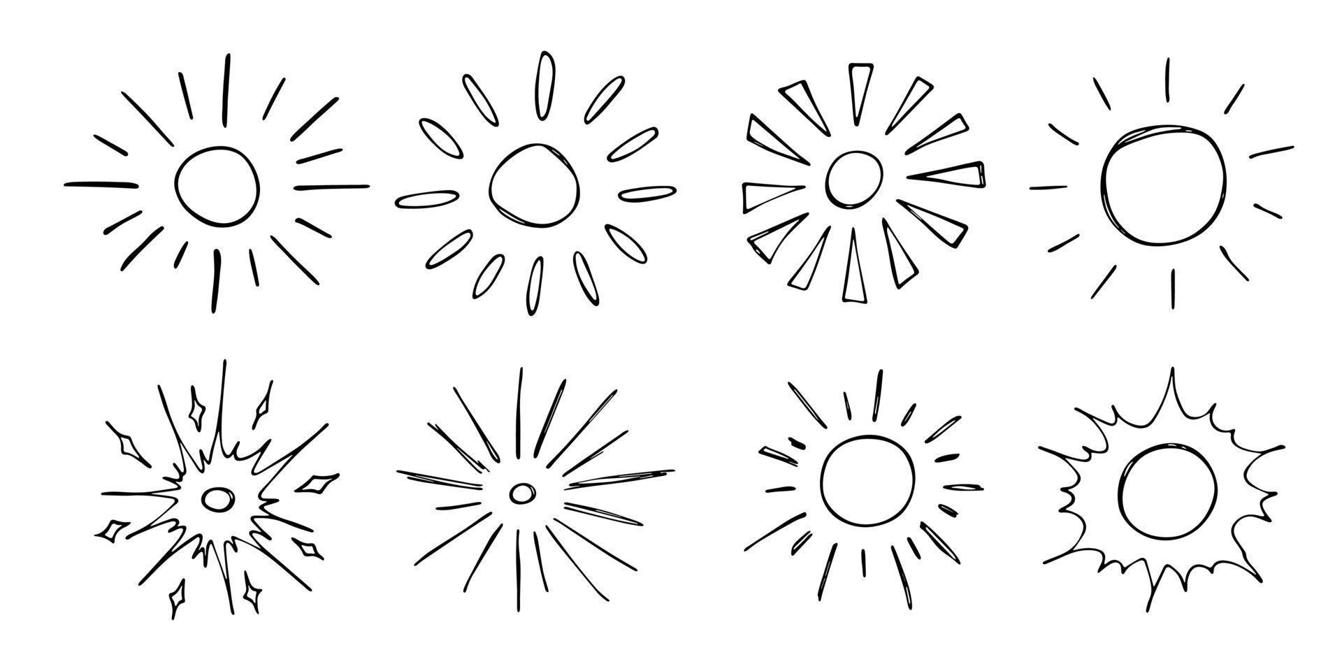 symbole de soleil abstrait dessiné à la main. jeu de doodle d'été. éléments vectoriels pour la conception vecteur