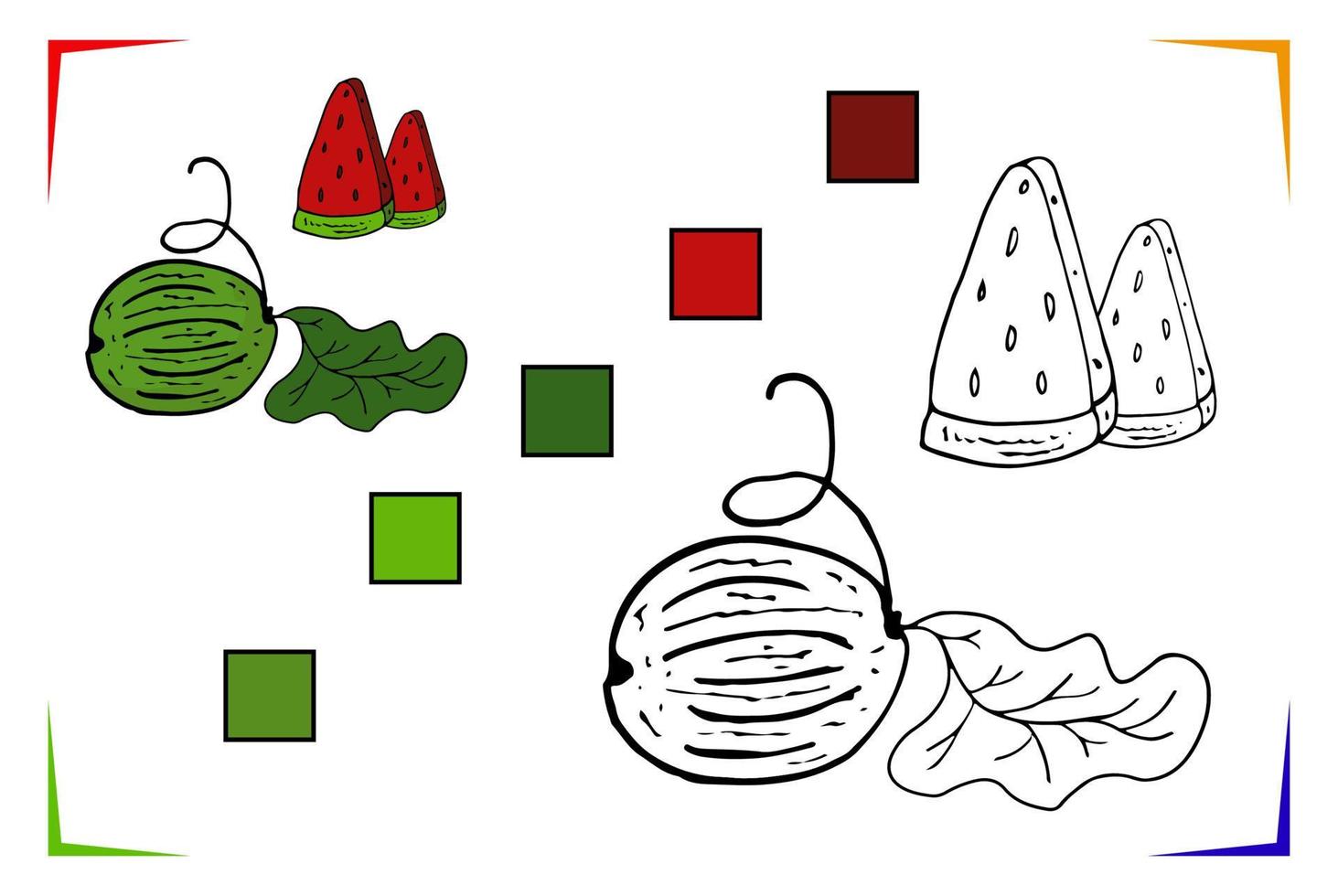 pastèque coloration page. vecteur éducatif feuille de travail coloré par goûter. peindre Jeu préscolaire des gamins