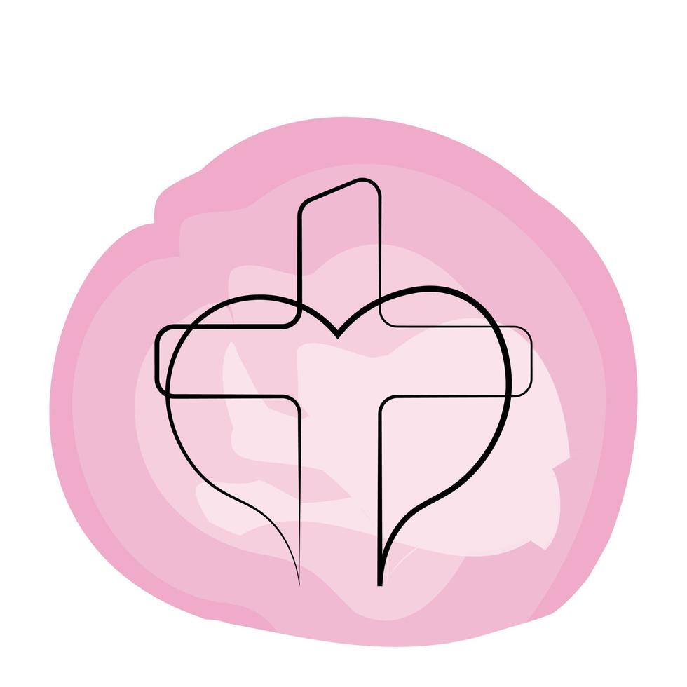 icône chrétienne croix et coeur en linéaire à l'aquarelle vecteur