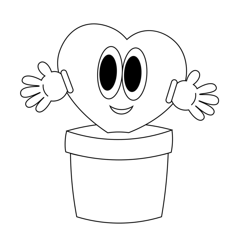 cœur dans fleur pot. illustration personnage dans sensationnel dessin animé style. noir et blanc vecteur