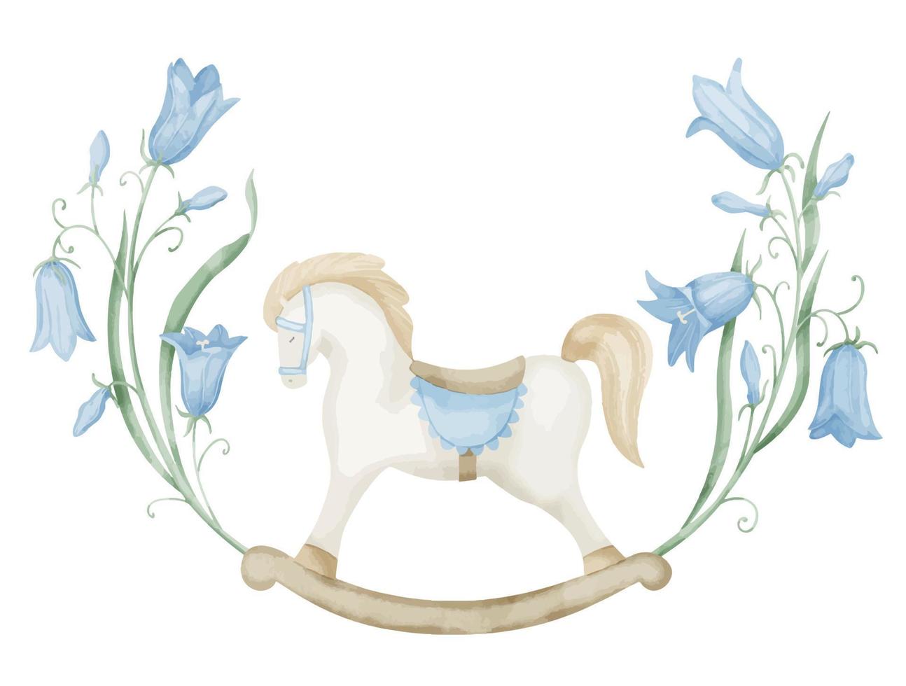 balancement cheval bébé jouet avec bleu campanules. main tiré aquarelle illustration pour nouveau née douche. illustration sur isolé Contexte pour puéril faire la fête. floral dessin pour enfant invitations vecteur