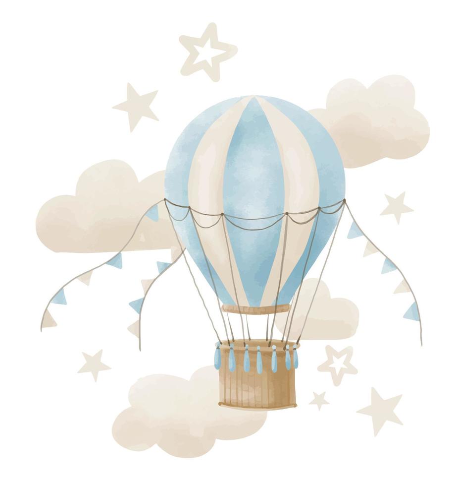 chaud air ballon avec étoiles et des nuages. aquarelle main tiré illustration pour bébé conception dans mignonne pastel bleu et beige couleurs. dessin sur isolé Contexte pour nouveau née douche salutation cartes vecteur